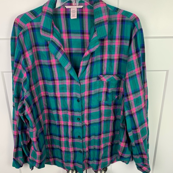 Victorias Secret XL 3 Piece Pajama Set Shorts Button Front Green Pink Plaid - Picture 9 of 11